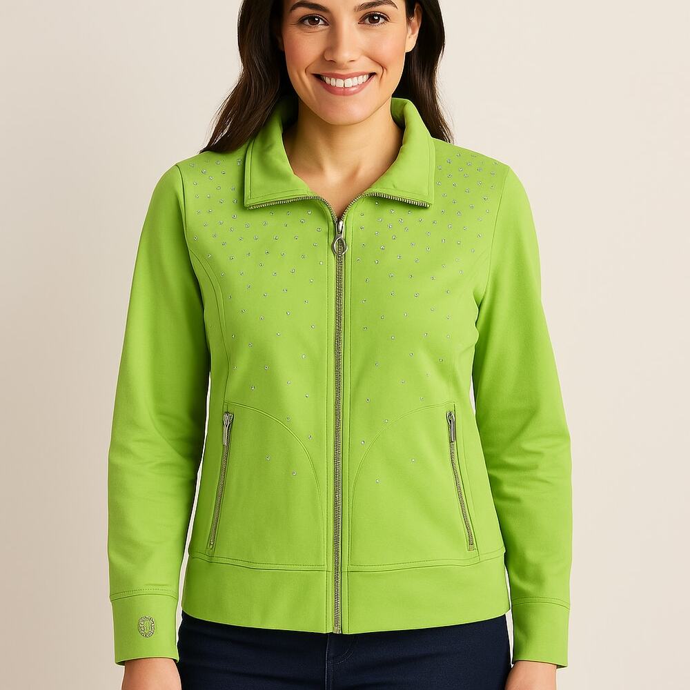 Christine Alexander Lime Green Zip Jacket – Swarovski Rhinestones, Size M